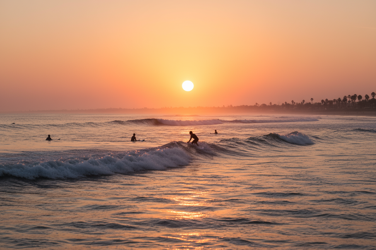 Ocean with surfers at sunset